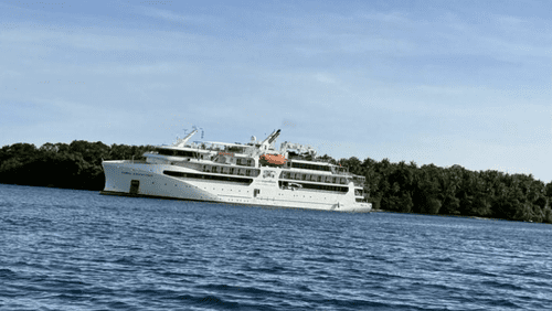 Австралийский круизный лайнер, оказавшийся в затруднительном положении, задержан после того, как сел на мель у берегов Папуа-Новой Гвинеи.