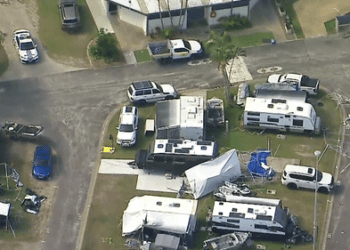 Отдыхающие оказались заперты на территории кемпинга после того, как из-за сильной непогоды кран оказался под угрозой обрушения.