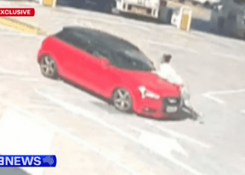 Автомобиль резко сворачивает с дороги, пытаясь избавиться от женщины, цепляющейся за капот.