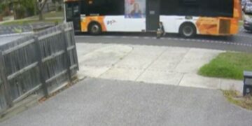 Мельбурнский школьник застрял в дверях автобуса и был утащен на дорогу.