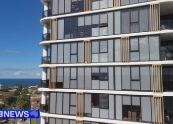 Спасатель забрался на высотное здание в Сиднее, чтобы добраться до пропавшей собаки, которая несколько дней провела, застряв на карнизе.