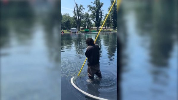 Часть недавно открытого отражающего бассейна покрыта «остаточными водорослями». Часть недавно открытого отражающего бассейна покрыта «остаточными водорослями».